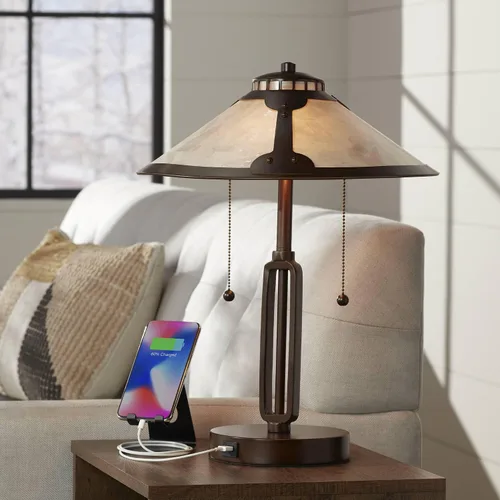 Vista 2 de Samuel - Lámpara de mesa pequeña de 20 pulgadas con USB y bronce frotado industrial Única