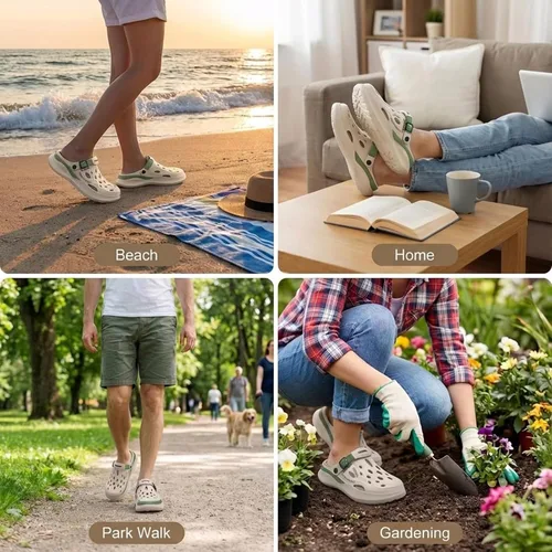 Vista 6 de Zuecos de jardín para hombre, transpirables, sin cordones, con suela gruesa antideslizante, resistentes al agua Beige-Verde