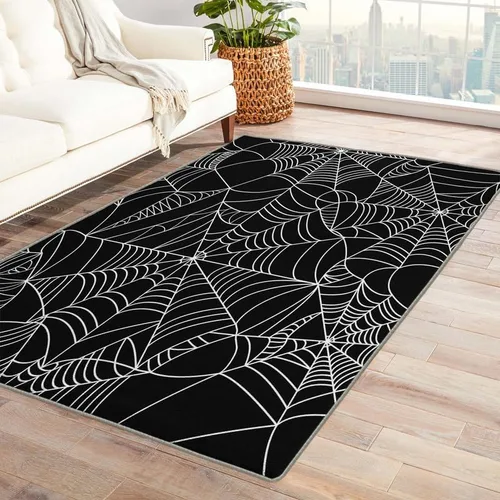 Vista 9 de Alfombras de Halloween para dormitorio, sala de estar, alfombra de tela de araña de murciélago de calabaza, 4 x 6 pies, lavable, antideslizante, Dfg2