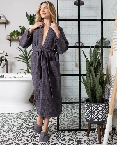 Vista 5 de Lotus Linen Batas ligeras de tejido gofre para mujer, bata larga de algodón suave, bata de baño tipo kimono para spa