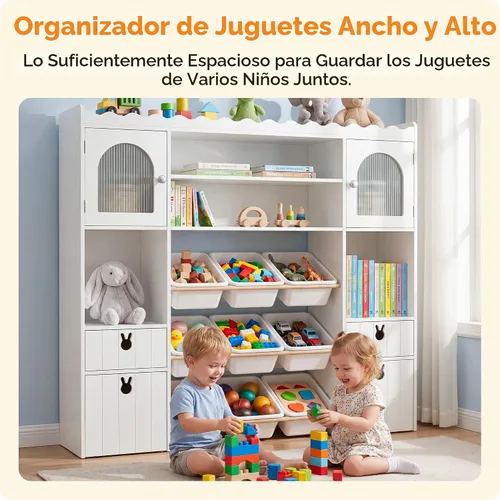 Vista 5 de Organizador de almacenamiento de juguetes para niños de 46.46 pulgadas de alto, baúl de juguetes con estante para libros, cubos de almacenamiento