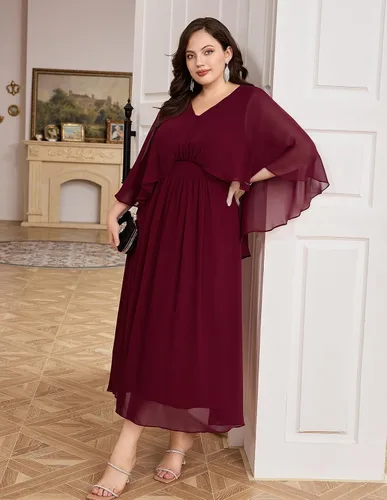 Vista 4 de Hanna Nikole Vestido de fiesta de noche de gasa con cuello en V para mujer, talla grande, manga capa, maxi vestidos para invitados de boda