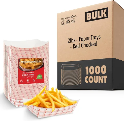 Vista 10 de Botes pequeños de papel para alimentos (paquete de 100) bandejas desechables de 1 libra a cuadros rojos y blancos, botes de comida ecológicos, botes