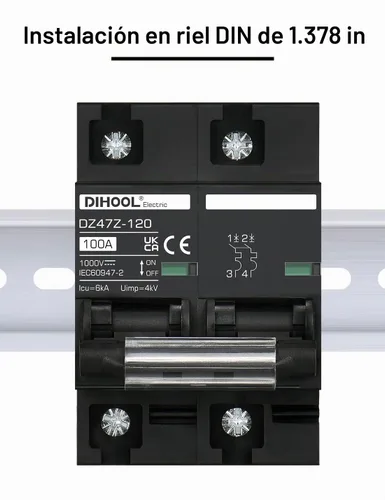 Vista 5 de DIHOOL Disyuntor DC Interruptor de desconexión solar de 100 amperios 2p 1000V para PV, UPS, batería de RV, montaje en carril DIN..