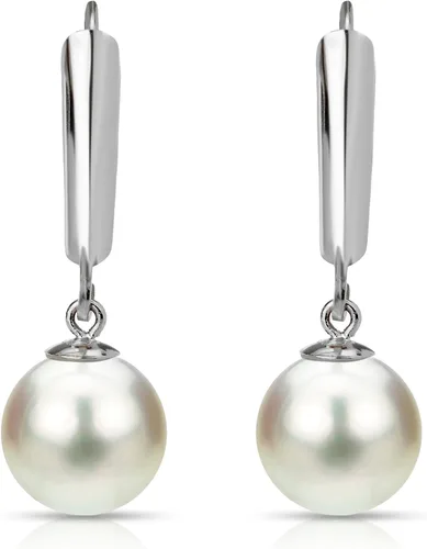 Vista 2 de Pendientes colgantes redondos de oro blanco de 14 quilates cultivados de agua dulce de alto brillo con perlas