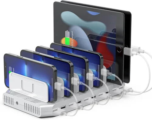 Vista 9 de Unitek Estación de carga múltiple, cargador USB de 10 puertos para múltiples dispositivos con tecnología SmartIC y divisores ajustables, soporte