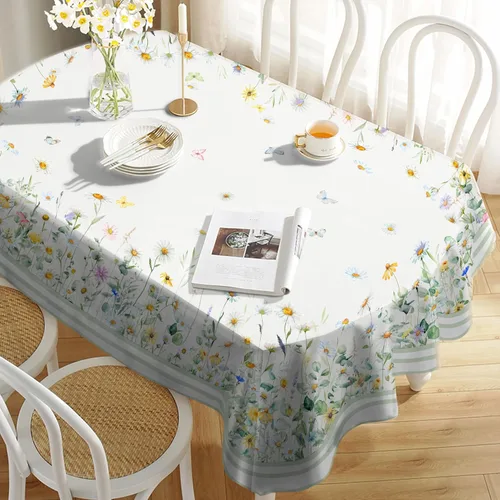 Vista 6 de Mantel ovalado de color verde salvia con margaritas de 54 x 72 pulgadas, mantel floral salvia, impermeable, resistente a las arrugas, mantel ovalado