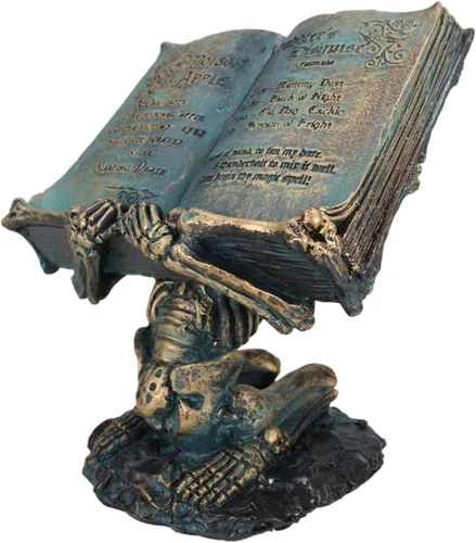 Vista 4 de Ebros Gift Alquimia gótica Esqueleto de la maldición del hombre muerto Esclavo sosteniendo una bruja veneno libro de hechizos de manzana en su