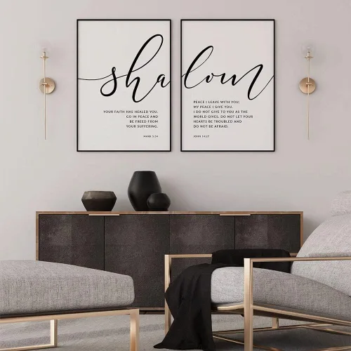 Vista 3 de NATVVA Póster de arte de pared con cita de versículo bíblico, impresiones en lienzo en blanco y negro Shalom, pintura cristiana, ilustración