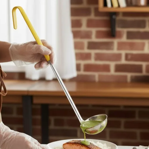 Vista 3 de Soro Essentials - Cucharón de acero inoxidable de una sola pieza de 1 onza con mango recubierto de color amarillo - Los mejores accesorios de cocina