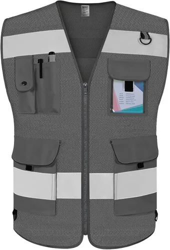 Vista 7 de TCCFCCT Chaleco de seguridad de malla para hombres y mujeres, chaleco de seguridad reflectante de alta visibilidad con 9 bolsillos, chaleco