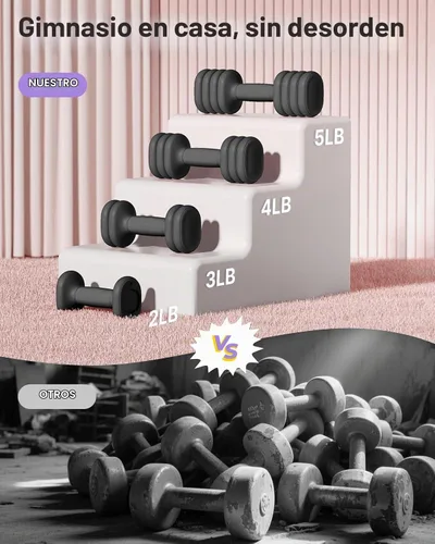 Vista 4 de YOTTOY Juego de 2 mancuernas ajustables, pesas de mano 4 en 1 para mujeres en casa, juego de mancuernas compactas con agarre suave y base, 2-5 Negro