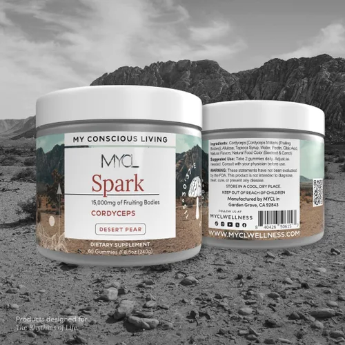 Vista 2 de MYCL Spark Cordyceps - Gomitas de hongos para energía y resistencia - Cuerpos frutales Cordyceps de 500 mg - Gomitas de hongos para adultos y niños
