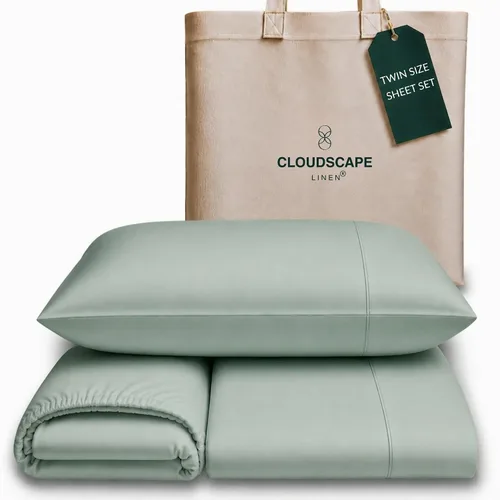 Vista 47 de Cloud Scape Linen - Juego de sábanas de algodón egipcio de doble capa, tamaño individual, tejido de satén de fibra larga, juego de 3 piezas, ropa