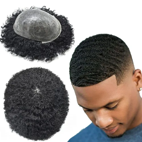 Vista 9 de Afro Toupee para hombres negros, unidad de pelo rizado rizado de poliuretano inyectado, cabello humano con ondas de polly afro, piezas de cabello #1