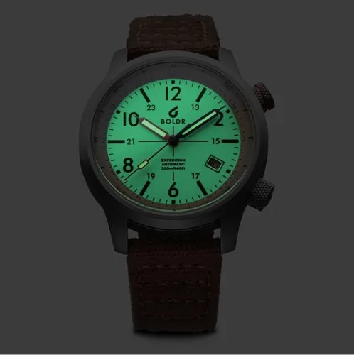Vista 2 de BOLDR Boldr Expedition Rub' Al Khali - Reloj Esfera mate Full-Lume Correa de lona marrón, parte trasera transparente