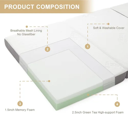 Vista 3 de Lazyzizi Colchón plegable, de espuma viscoelástica de 4 pulgadas, triple pliegue con funda de tela de fibra de bambú transpirable, colchón plegable