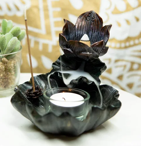 Vista 8 de Ebros Gift Feng Shui Zen Buddha Ohm Símbolo Sagrado Flor de Loto en Cascada Torre de incienso y Quemador de cono de reflujo y Figura de portavelas