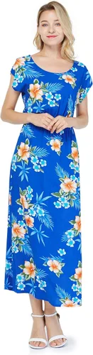 Vista 2 de Camisa hawaiana Luau o vestido maxi simple para parejas en azul hibisco