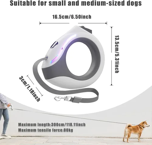 Vista 2 de Correa retráctil para perro con linterna, mango redondo recargable de 118 pulgadas con cerradura, luz de respiración ergonómica, para perros
