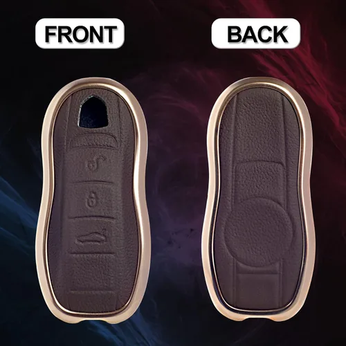 Vista 2 de Funda de piel marrón y aluminio compatible con Porsche Macan Cayenne Panamera 911 con 3 botones sin llave (llave antigua)