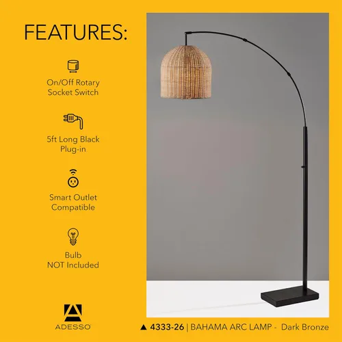 Vista 6 de Adesso Lámpara de pie de arco de bronce con pantalla de ratán – Moderna luz de acento costera para dormitorio, sala de estar u oficina en casa, 80