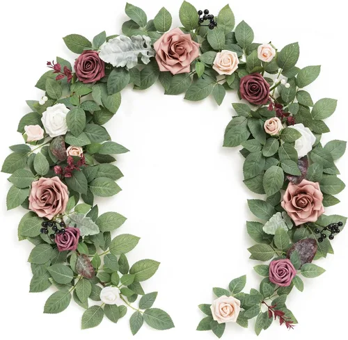 Vista 10 de Ling's Moment Guirnalda de Flores Artificiales Negra Burdeos de 5 Pies, Hojas de Rosas Falsas, Guirnalda Floral, Flores de Arco, Enredadera