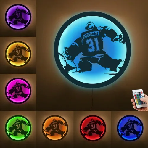 Vista 13 de Letrero de metal personalizado para jugador de hockey con luz LED, nombre personalizado y número, arte de pared de hockey, letrero de neón