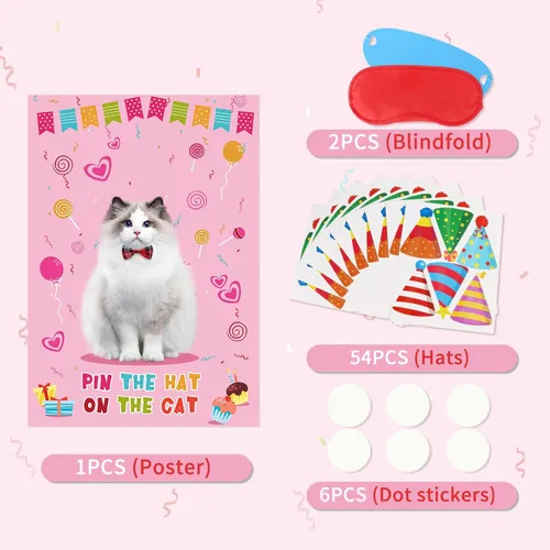 Vista 5 de Juego de fiesta de Hooqict Pin The Hat On The Cat para gatos, juegos de fiesta de cumpleaños de gato para niños, suministros de fiesta de cumpleaños