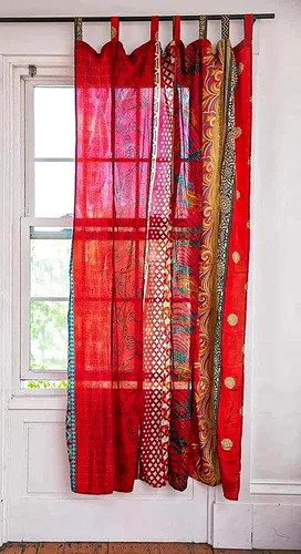 Vista 3 de EthinicCraftHub® - Cortina india de seda Sari con diseño de retazos estilo gitano bohemio hippy bohemio para colgar en la pared