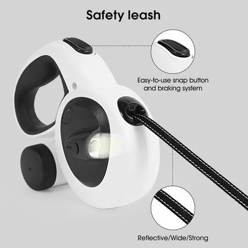 Vista 4 de Correa retráctil 4 en 1 para perro, correas de 16.4 pies de largo con luz LED y soporte para bolsa de excrementos para perros pequeños, medianos