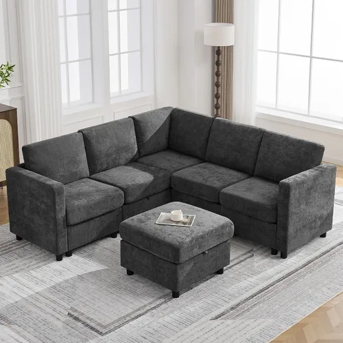 Vista 76 de WUTUTUEE Sofá seccional modular en forma de L de 83" con almacenamiento y otomano móvil, sofá convertible de 4 asientos reversible chaise de Beige