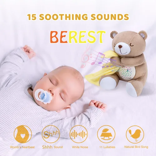 Vista 2 de BEREST Oso de sueño recargable para bebé, proyector de luz nocturna para decoración de guardería, sensor de latido del corazón de la madre, máquina