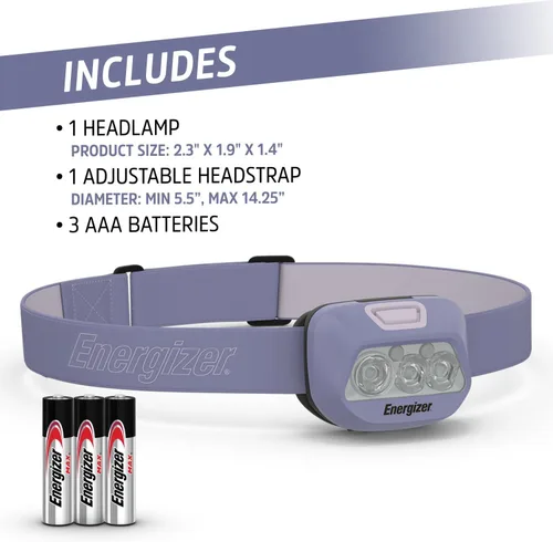 Vista 5 de Linterna frontal LED Energizer HDL30 púrpura multicolor, 400 lúmenes, resistente al agua IPX4, linterna ajustable con modo LED rojo y verde