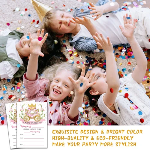 Vista 5 de Invitaciones de cumpleaños de princesa con sobres, tarjeta de invitación de fiesta real para niñas, tarjetas de invitaciones rosadas y doradas