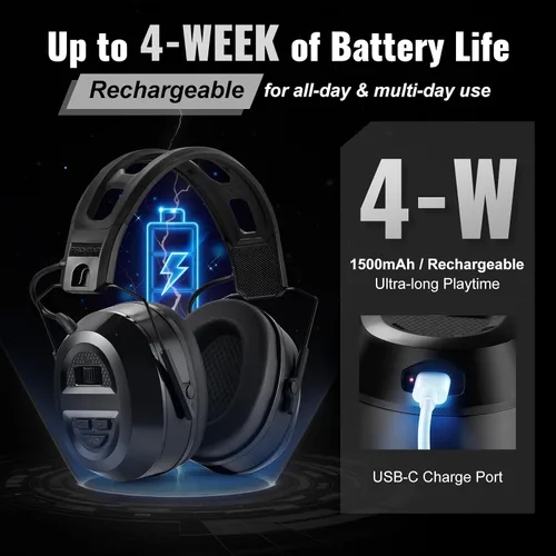 Vista 6 de PROHEAR 039 Bluetooth 6.0 Hearing Protection with 26dB NRR OSHA Approved, Rechargeable 1100mAh Battery for 4 wks Runtime