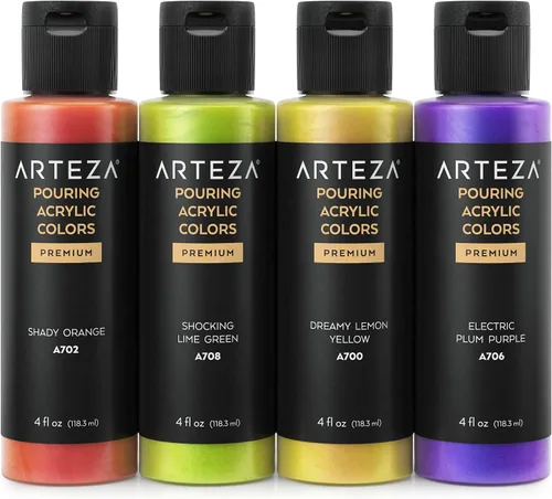 Vista 2 de ARTEZA Pintura acrílica metálica iridiscente, juego de 4, tonos de sorbete, 4 onzas líquidas, pintura de alto flujo para lienzo, vidrio, madera