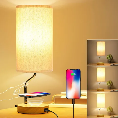 Vista 6 de Juego de 2 lámparas inteligentes de mesita de noche con cargador inalámbrico y puerto USB, lámpara LED de escritorio con control táctil