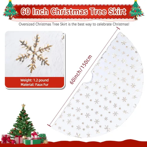 Vista 2 de Faldas de árbol de Navidad de 60 pulgadas, falda de árbol de Navidad de piel sintética blanca con copos de nieve de lentejuelas doradas, faldas