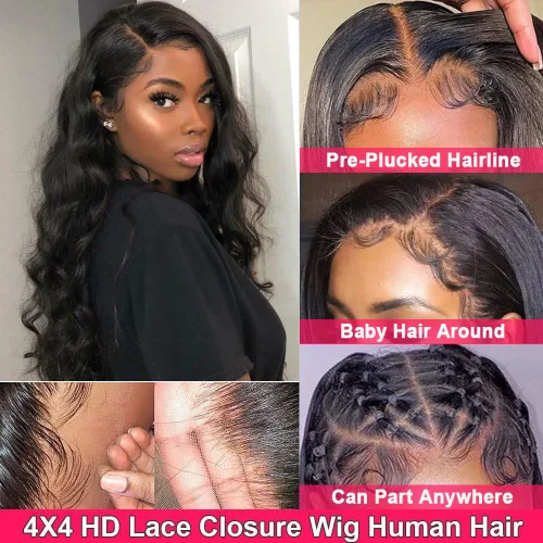 Vista 2 de Peluca de cabello humano ondulado con encaje frontal HD de 4 x 4 pulgadas, prearrancado con abuelitos, sin pegamento, (18 pulgadas)