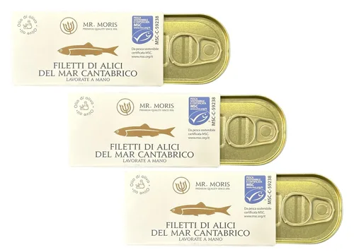 Vista 6 de Mr. Moris® Filetes de anchoa del mar Cantábrico en aceite de oliva Filetes de anchoas hechos a mano Kosher Certificado MSC para pesca