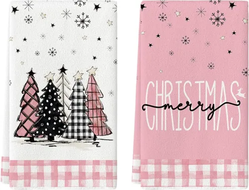 Vista 10 de Artoid Mode Toallas de cocina con estampado de búfalo de Merry Christmas, toallas de cocina de invierno con árboles de Navidad y estrellas, toallas