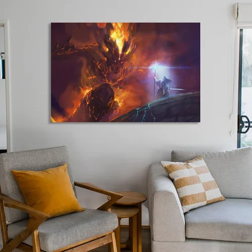 Vista 6 de Balrog Vs Gandalf - Póster de arte en lienzo con texto en inglés "Lord of the Ring" (El señor del anillo) y arte de pared, póster moderno