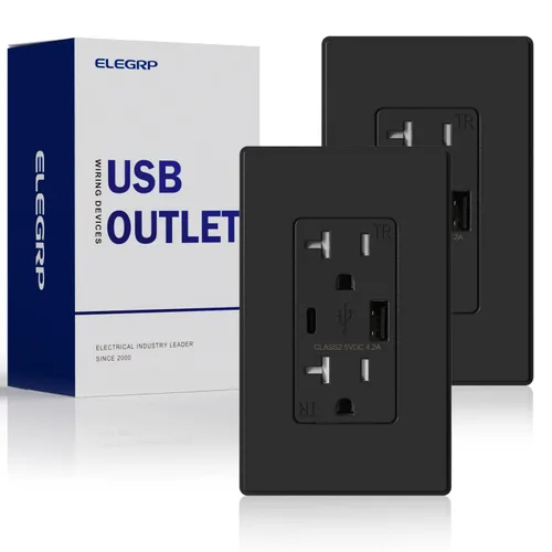 Vista 32 de ELEGRP Cargador USB de pared, receptáculo USB con puertos USB tipo A y tipo C, enchufe dúplex de 15 amperios resistente a manipulaciones NEMA 5-15R
