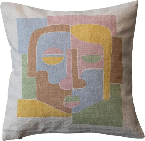 Vista 4 de Bloomingville Almohada estampada de algodón tejido con cara abstracta, multicolor