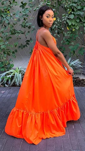 Vista 6 de Adogirl - Vestido largo con tirantes delgados para mujer, sensual, sin mangas, fruncido, dobladillo con volantes, holgado y de gran
