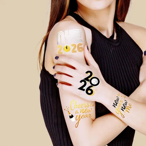 Vista 4 de Suministros para fiestas de Año Nuevo 2026 – 40 diseños de tatuajes temporales con purpurina, tatuajes metálicos negros/dorados Decoraciones