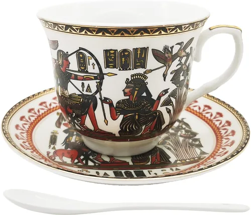 Vista 13 de Juego de tazas y platillos de café expreso de cerámica dorada egipcia, taza Demitasse de 3.4 oz/3.4 fl oz, regalo de porcelana para cumpleaños