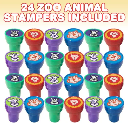Vista 2 de ArtCreativity Sellos de animales del zoológico para niños, juego de 24, sellos preentintados surtidos, recuerdos de fiesta de cumpleaños