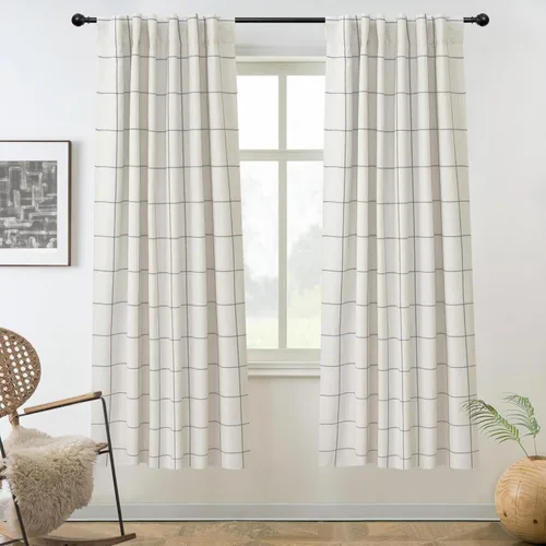 Vista 40 de DriftAway 2 paneles cortinas de lino a cuadros 100% opacas de doble capa cortinas para dormitorio de 96 pulgadas de largo estilo granja con Gris